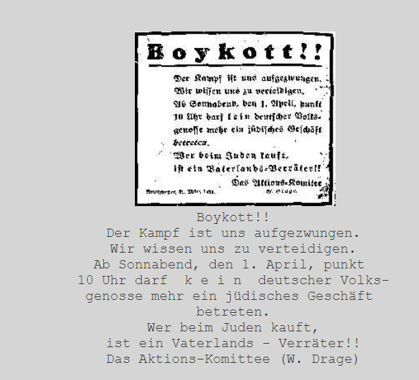 Das Aktions-Komitee ruft zum Boykott jüdischer Geschäfte auf