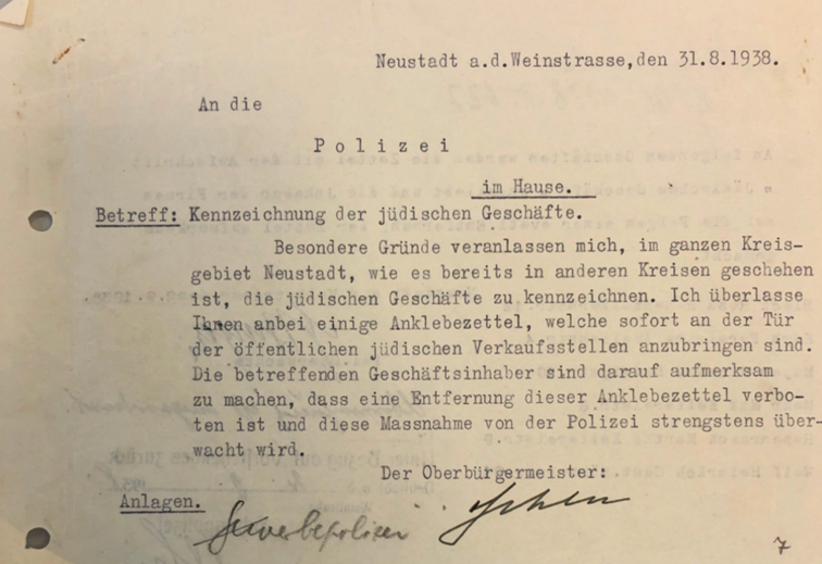Schreiben zur Kennzeichnung jüdischer Geschäfte