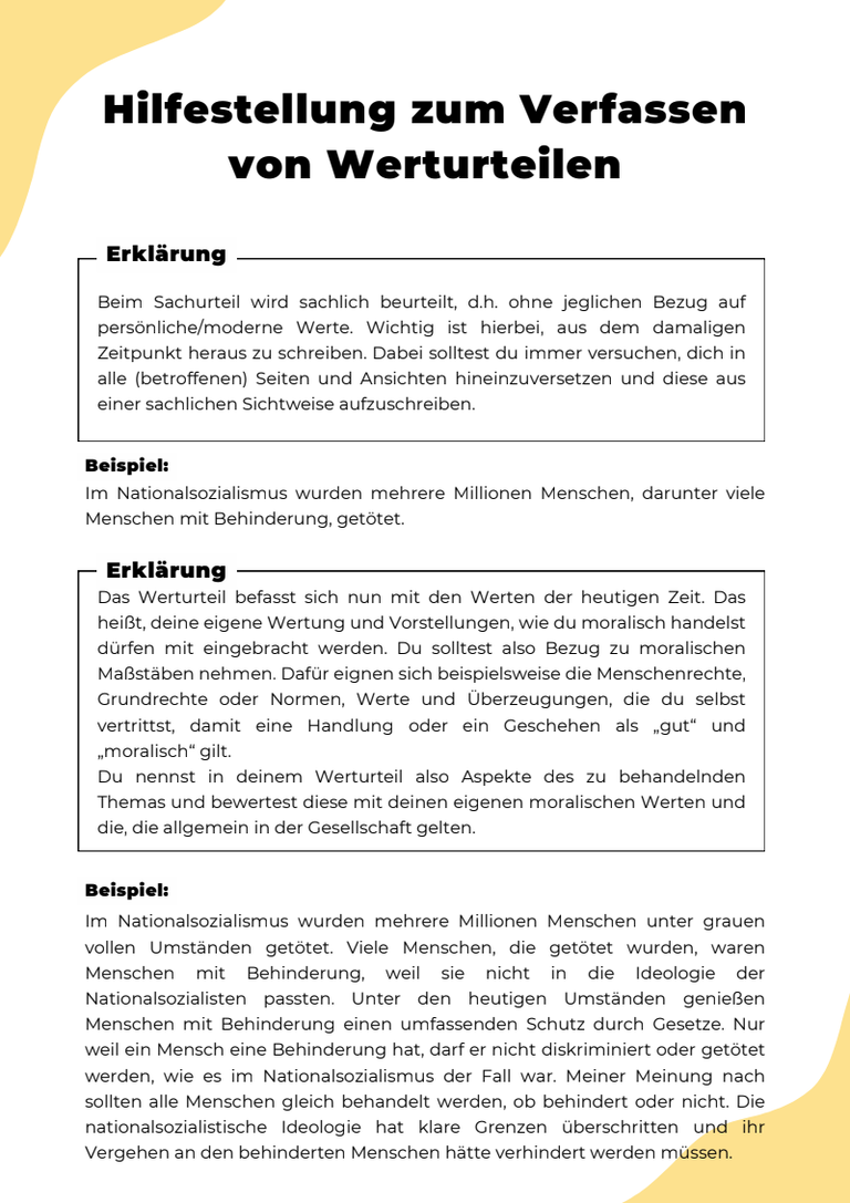 Bild von Hilfestellungen zum Verfassen von Werturteilen