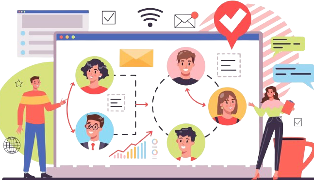 Grafik von zwei Personen, welche andere Personen auf einem Notebook koordinieren.