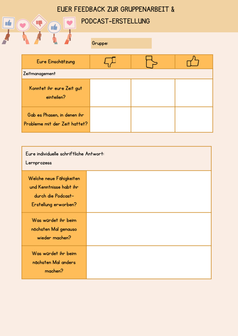 Bild von einem Fragebogen, für Feedback zur Gruppenarbeit