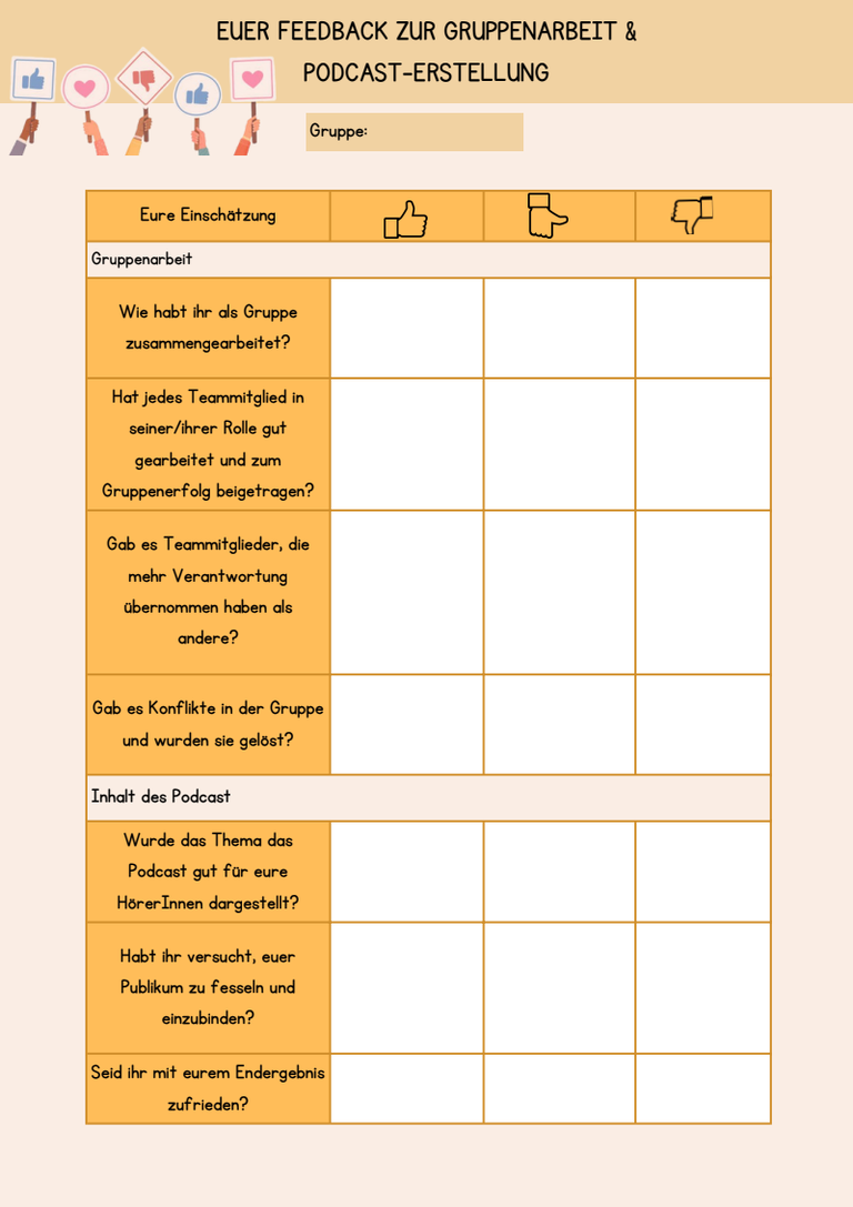 Bild von einem Fragebogen, für Feedback zur Gruppenarbeit