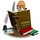 Cartoon Mann studiert ein Buch und hält eine Schreibefeder